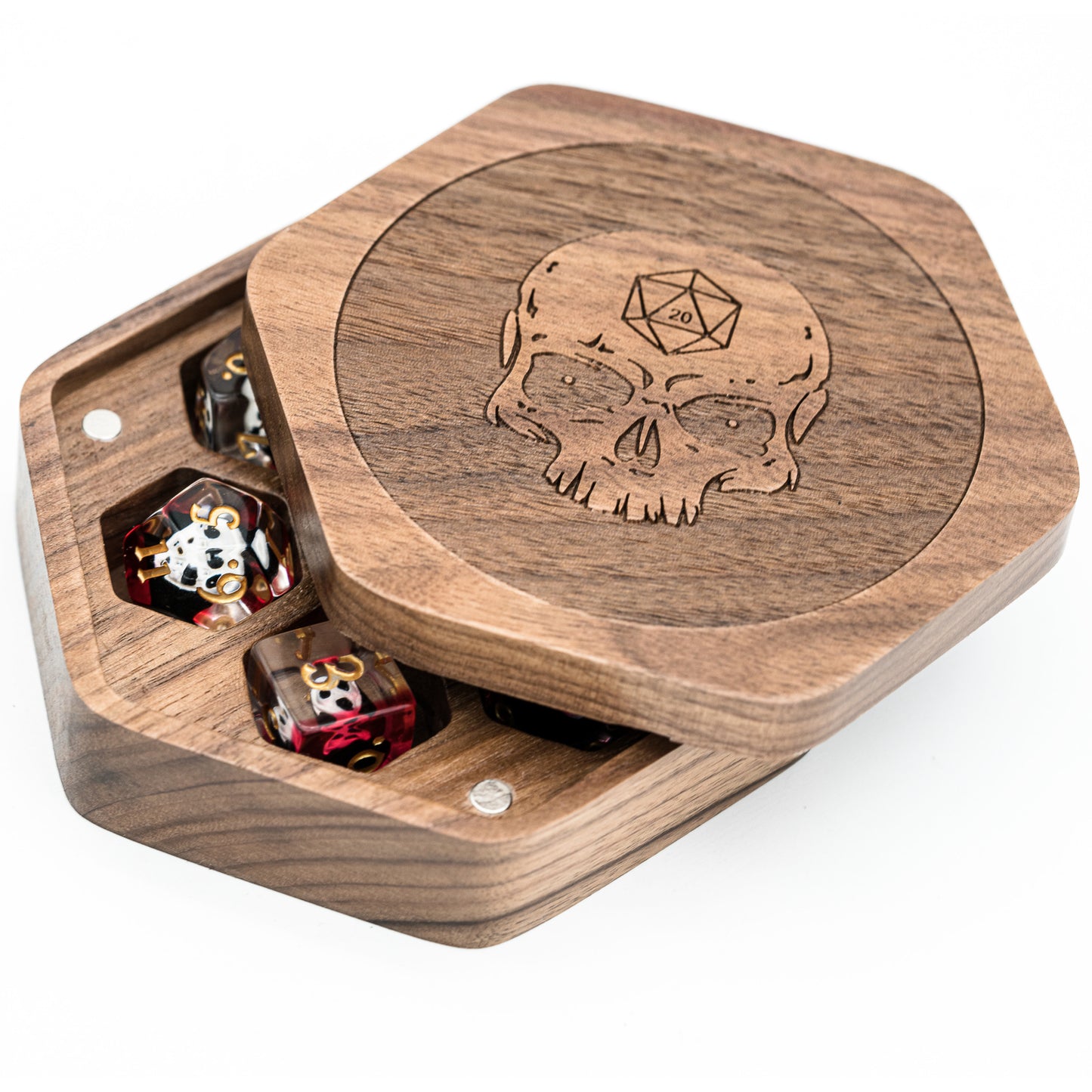 Wooden Dice Case with magnetic lid - Fits seven 16mm dice - Omega Roll