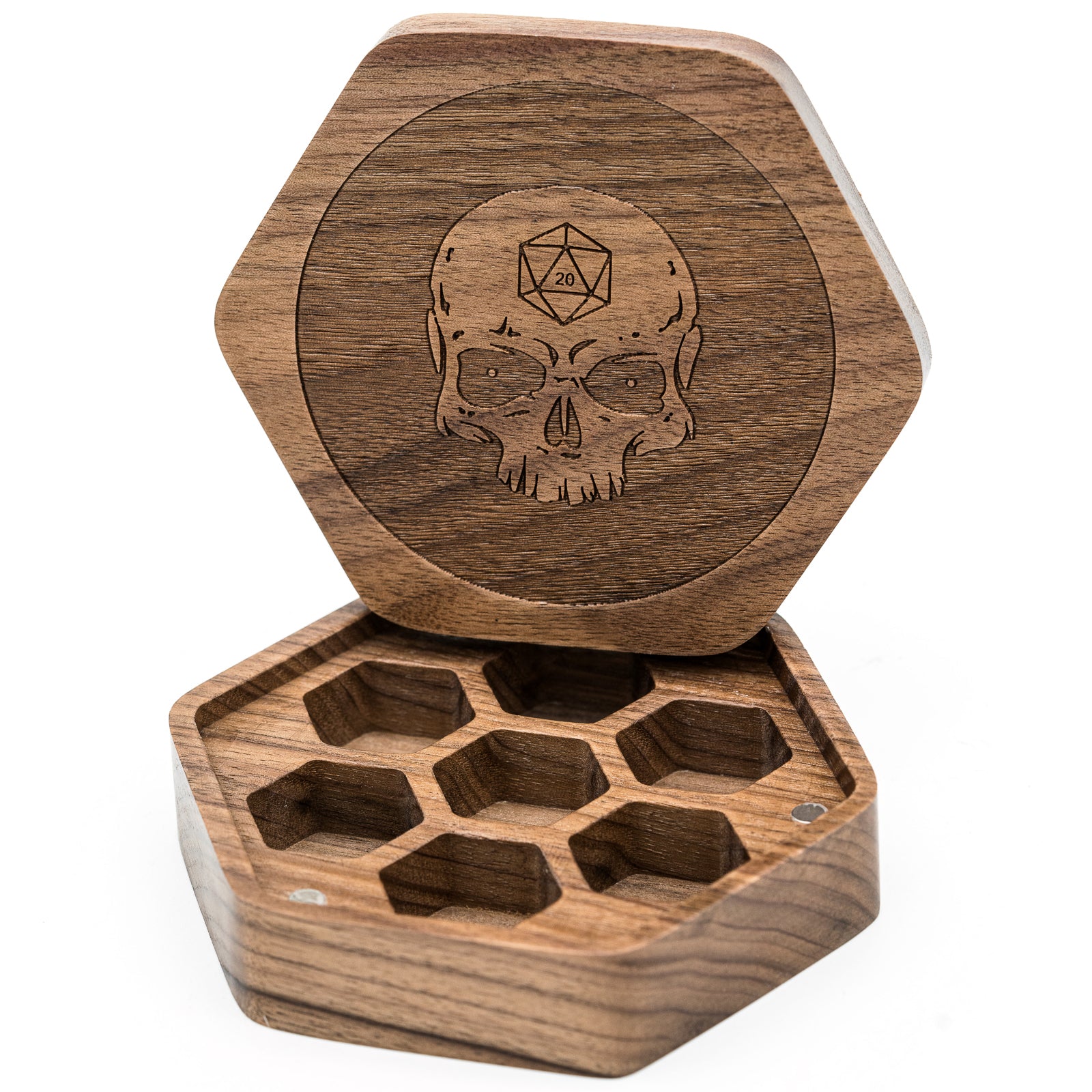 Wooden Dice Case with magnetic lid - Fits seven 16mm dice - Omega Roll